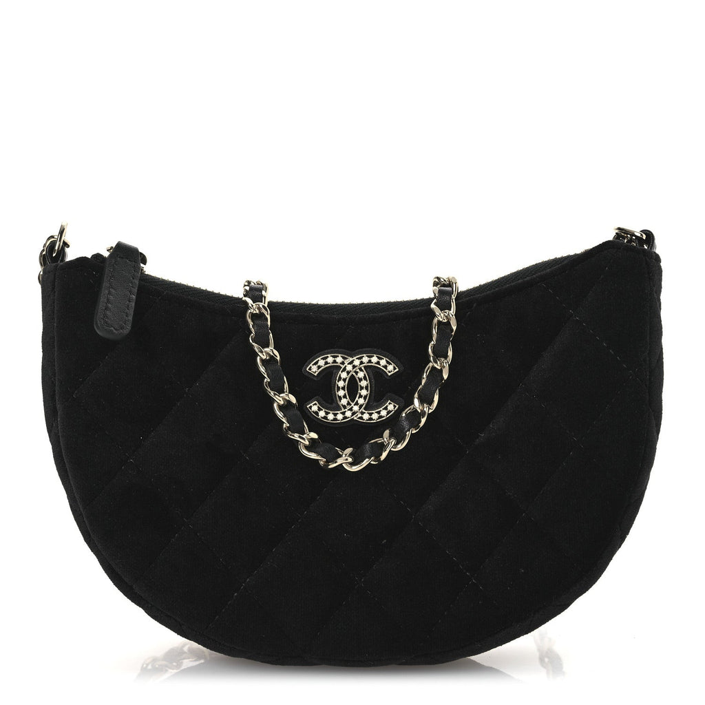 Velvet Crystal Quilted Chain Hobo Black