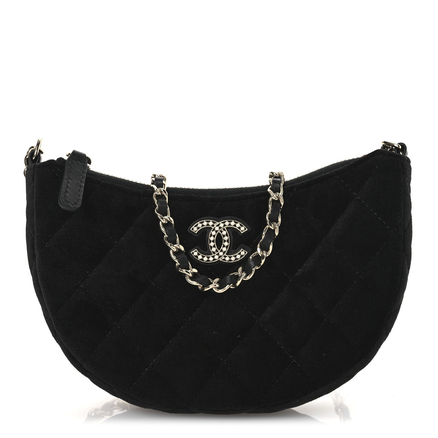 Velvet Crystal Quilted Chain Hobo Black