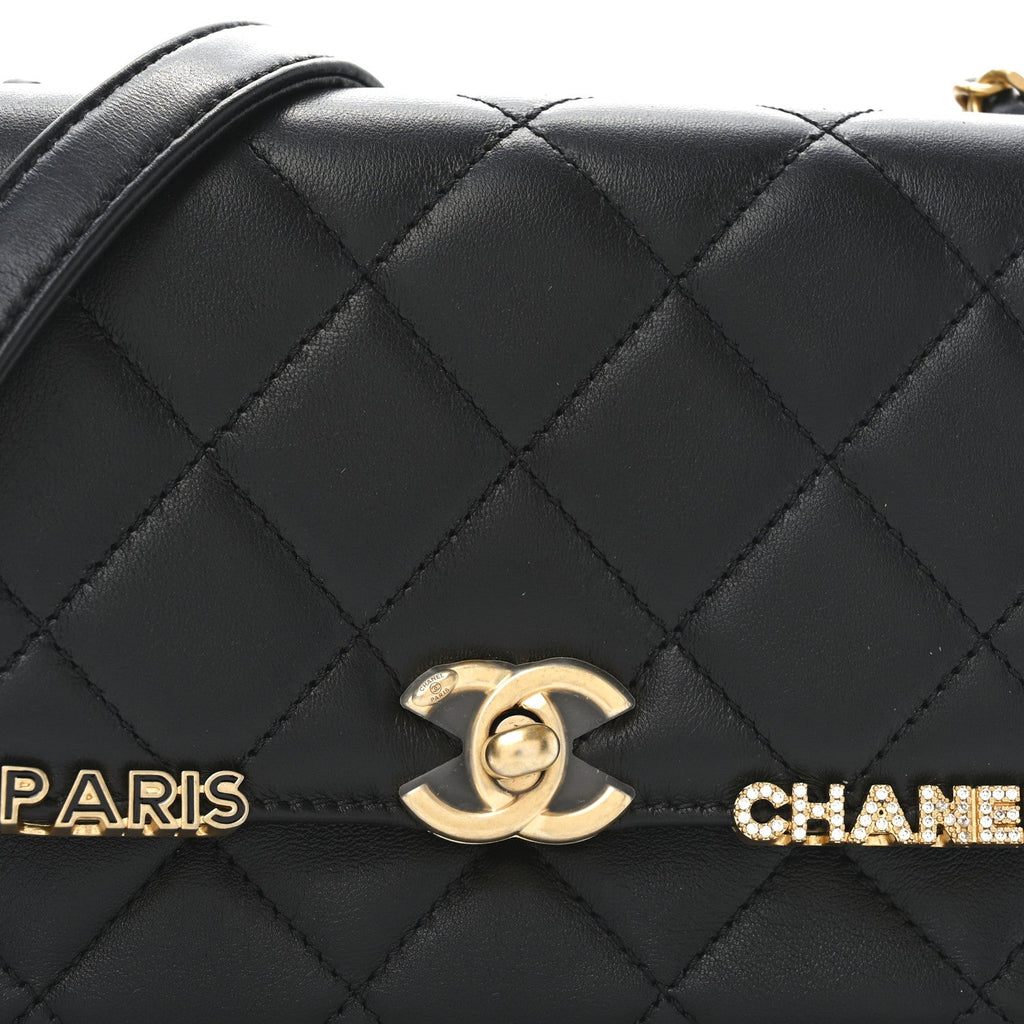 Lambskin Enamel Strass Quilted Mini Paris Monaco Flap Black