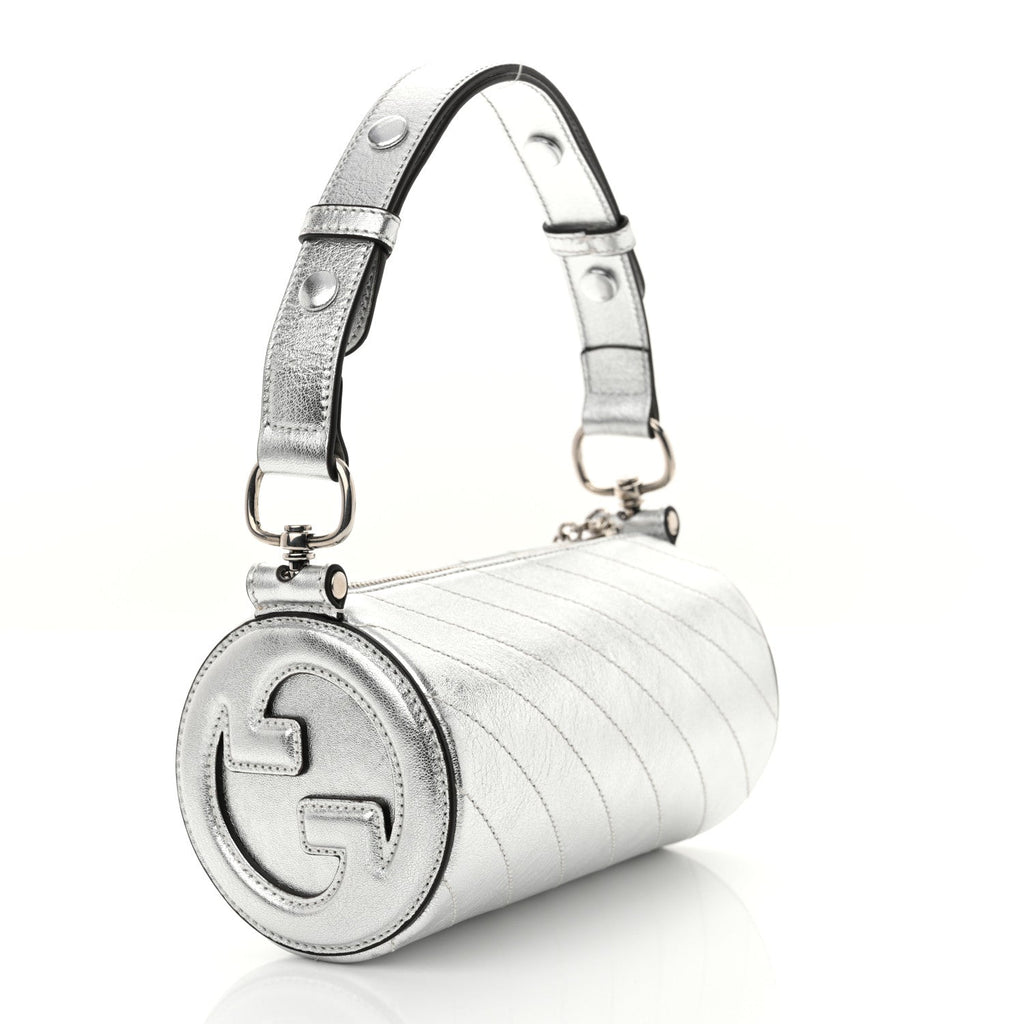 Sakai Be Green Calfskin Diagonal Stitched Mini Blondie Barrel Shoulder Bag Silver