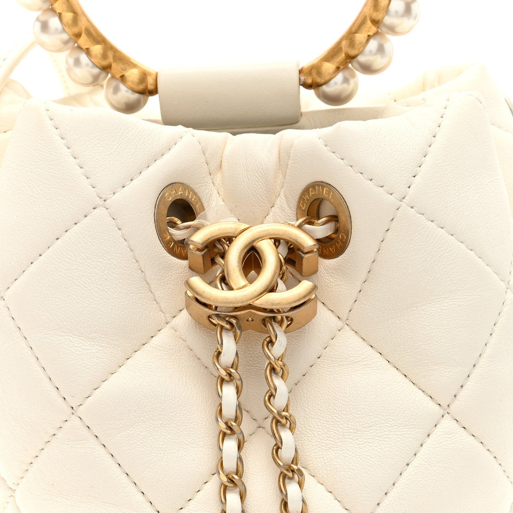 Lambskin Quilted Pearl Crown Drawstring Bag White