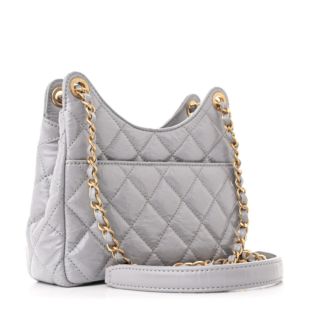 Shiny Crumpled Calfskin Quilted Small Wavy CC Hobo Grey