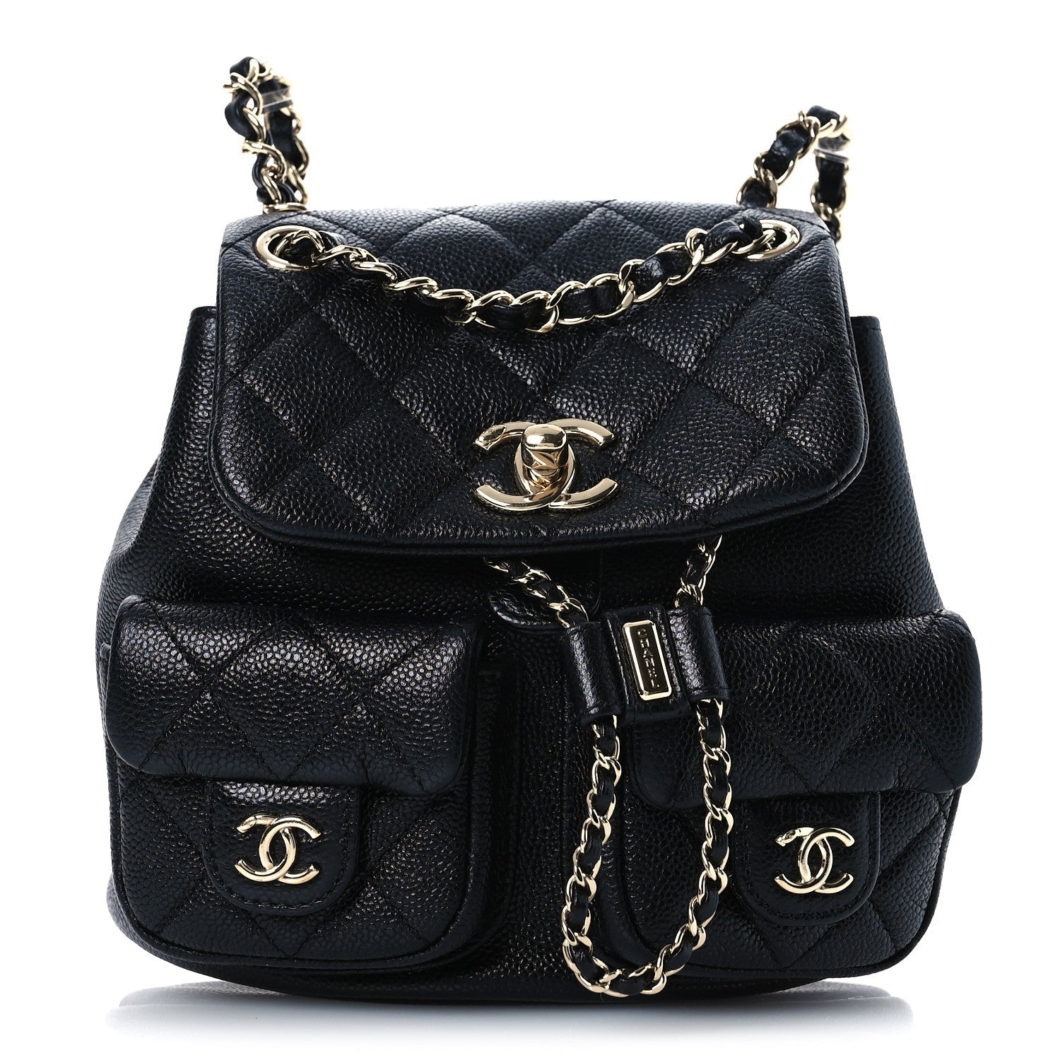 Shiny Caviar Quilted Small Duma Pockets Drawstring Backpack Black