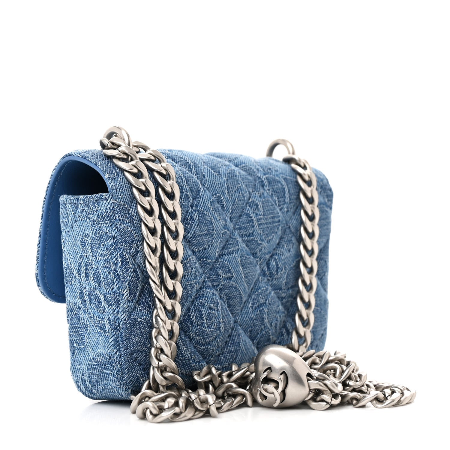 Denim Quilted Camellia Sweetheart Clutch With Chain Blue