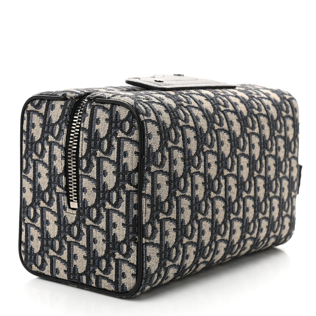 Oblique Jacquard Grained Calfskin Lingot Toiletry Case Blue Black