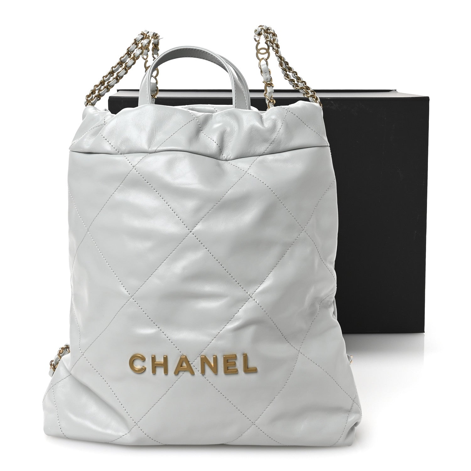 Shiny Calfskin Quilted Chanel 22 Backpack Light Blue