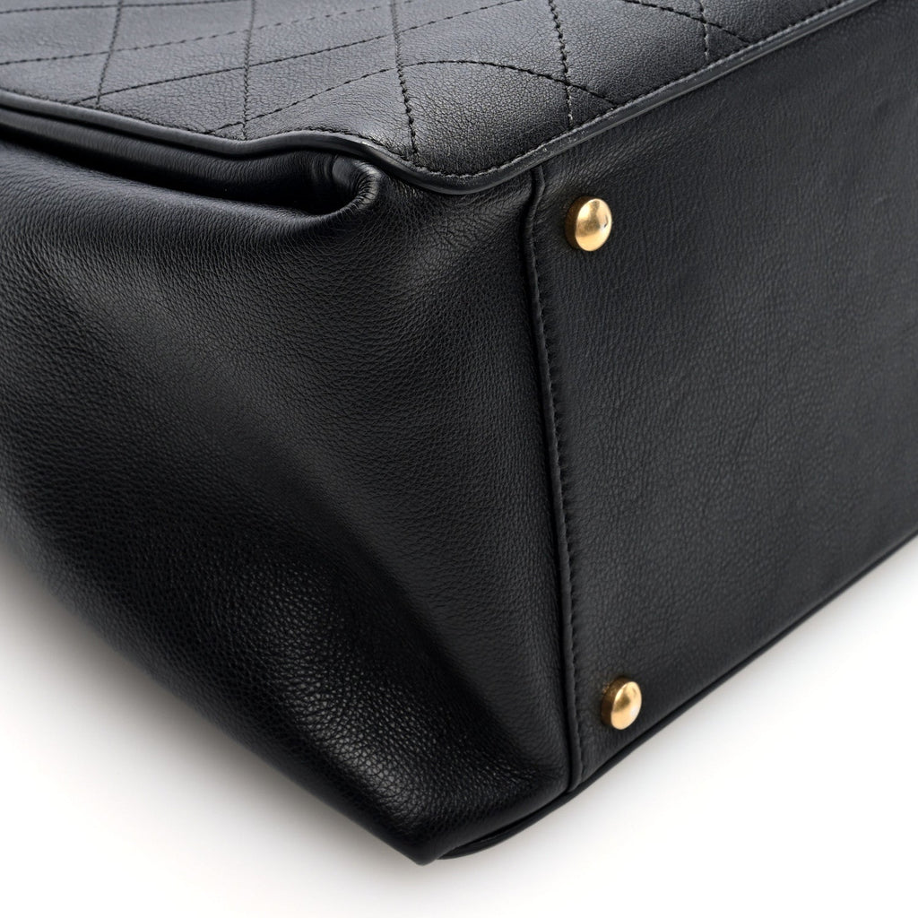 Calfskin Stitched Large Straight Lines Shopping Tote Black