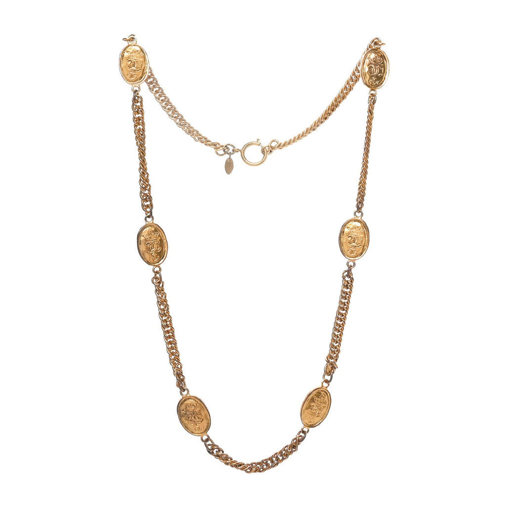 Metal Regal Crown CC Medallion Necklace Aged Gold