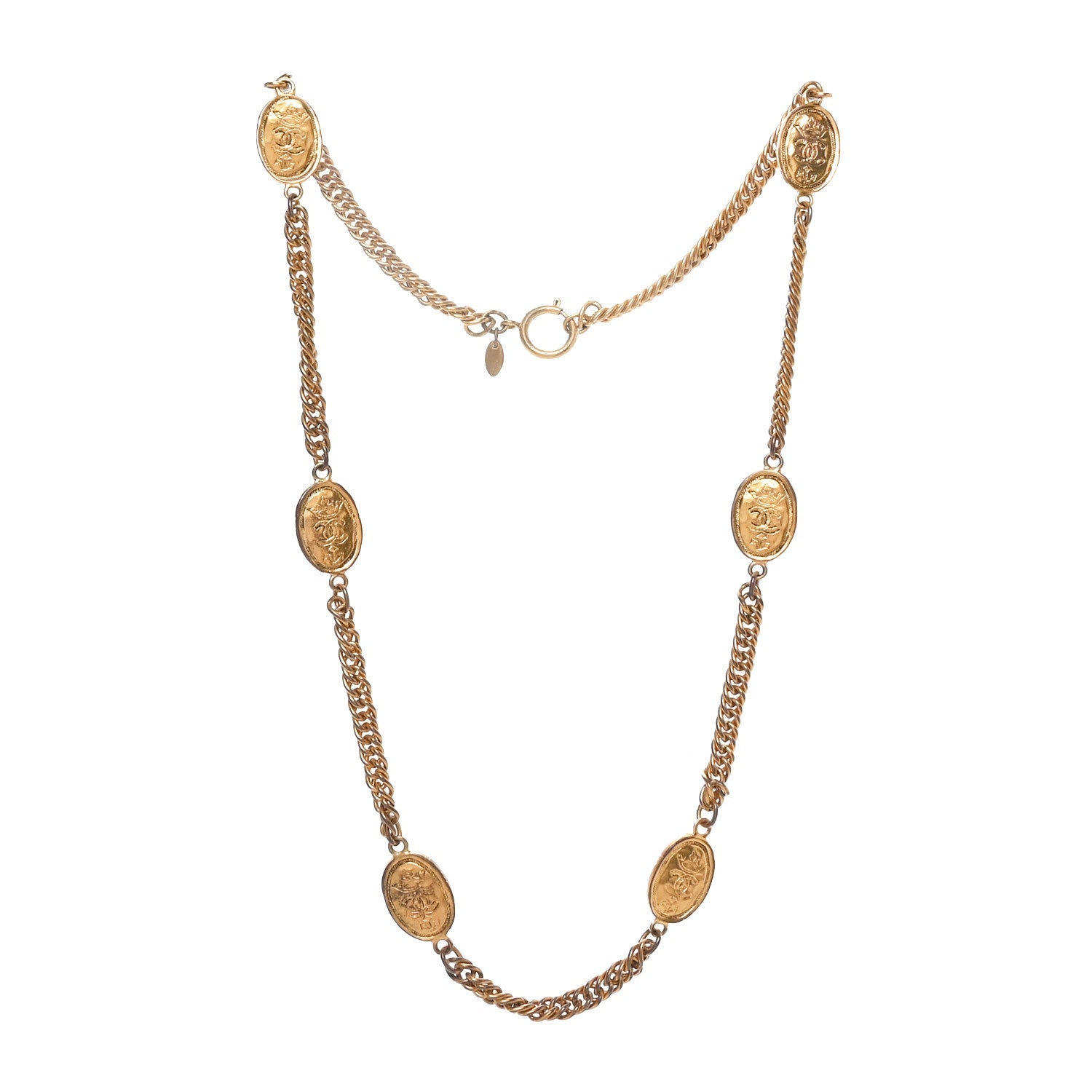 Metal Regal Crown CC Medallion Necklace Aged Gold
