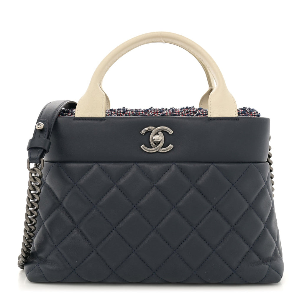 Calfskin Tweed Quilted Small Tote Navy Multicolor