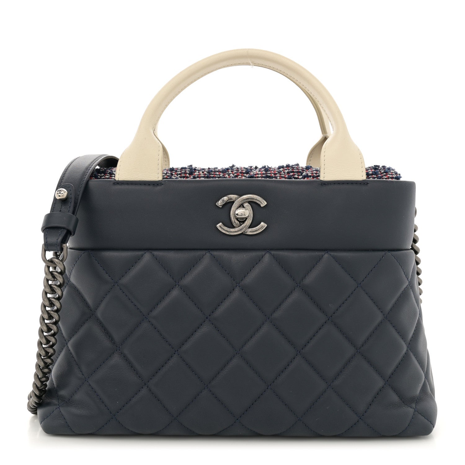 Calfskin Tweed Quilted Small Tote Navy Multicolor