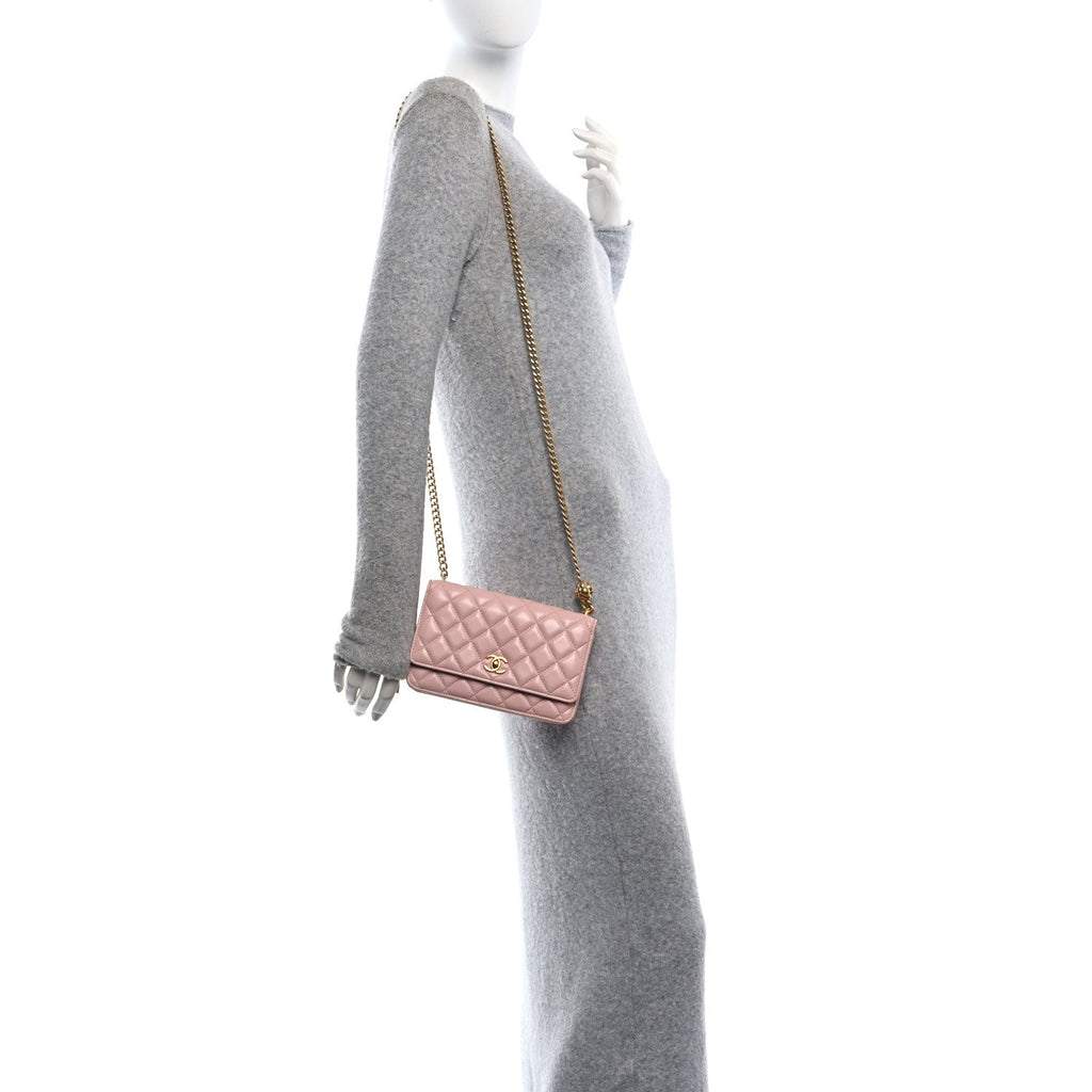 Lambskin Quilted Sweet Camellia Wallet on Chain WOC Light Beige