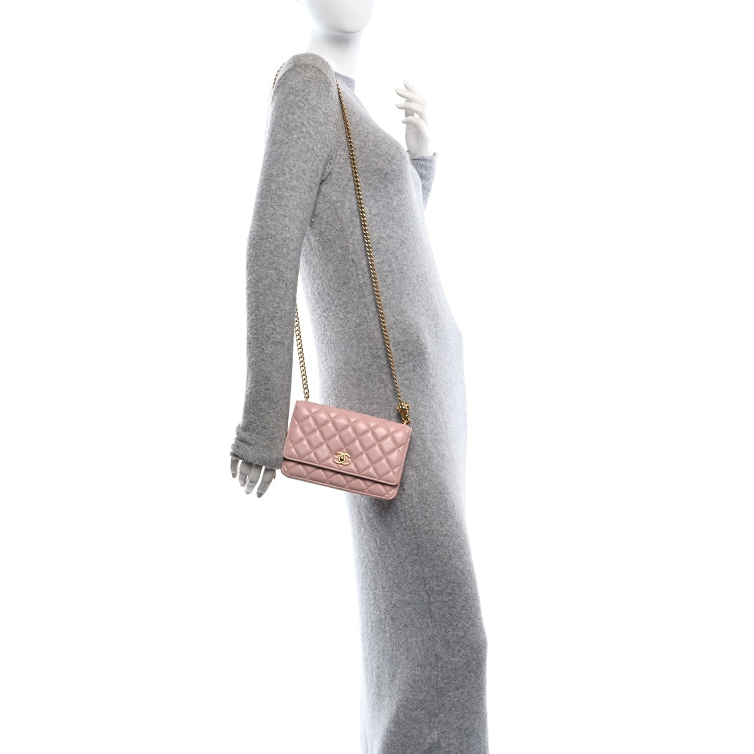 Lambskin Quilted Sweet Camellia Wallet on Chain WOC Light Beige