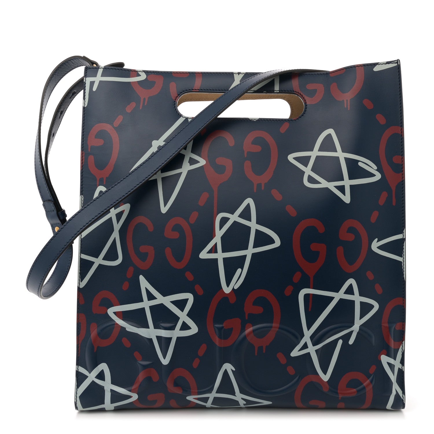 Calfskin GucciGhost Medium XL Tote Blue Agata Hibiscus Red