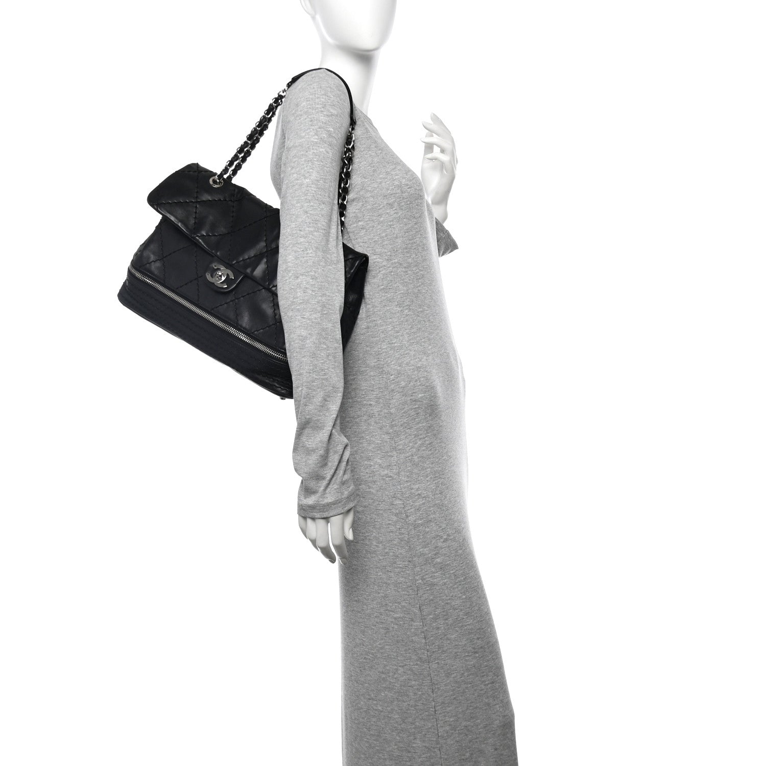 Calfskin Stitched Large Expandable Flap Bag Black