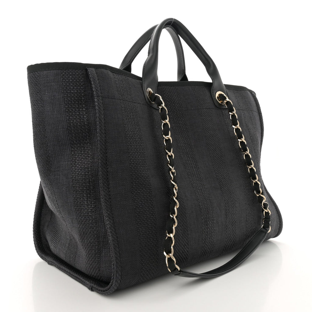 Mixed Fibers Calfskin Striped Medium Deauville Tote Black