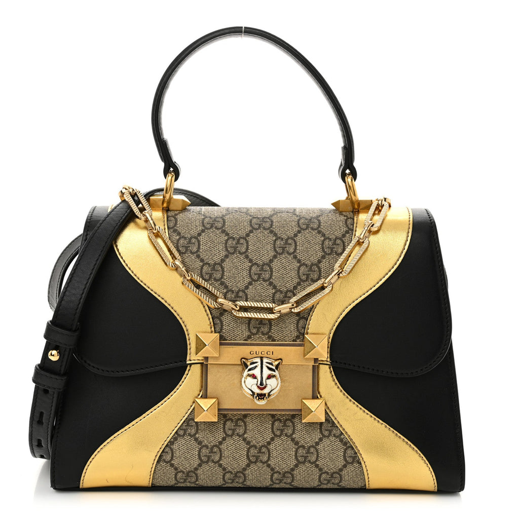 GG Supreme Monogram Small Osiride Top Handle Bag Black Gold