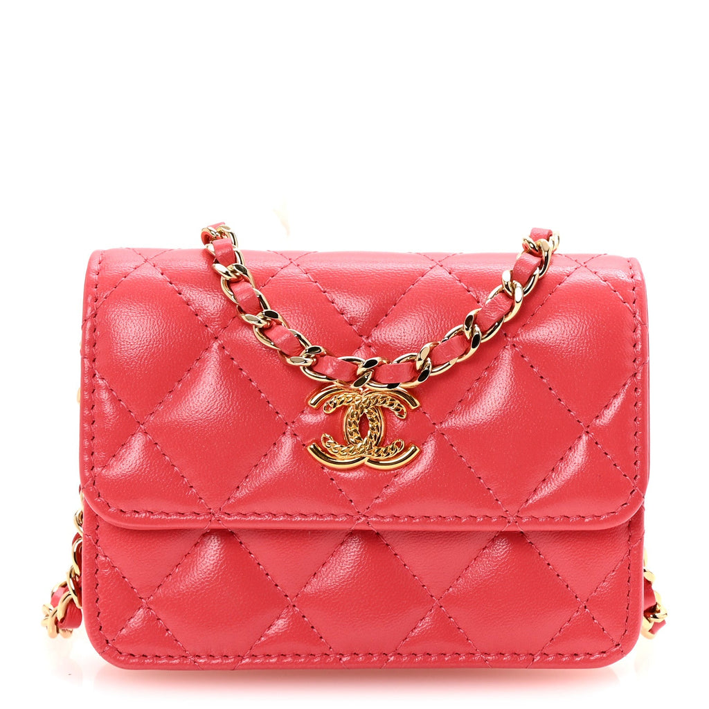 Shiny Lambskin Quilted  Holder On Chain Pink