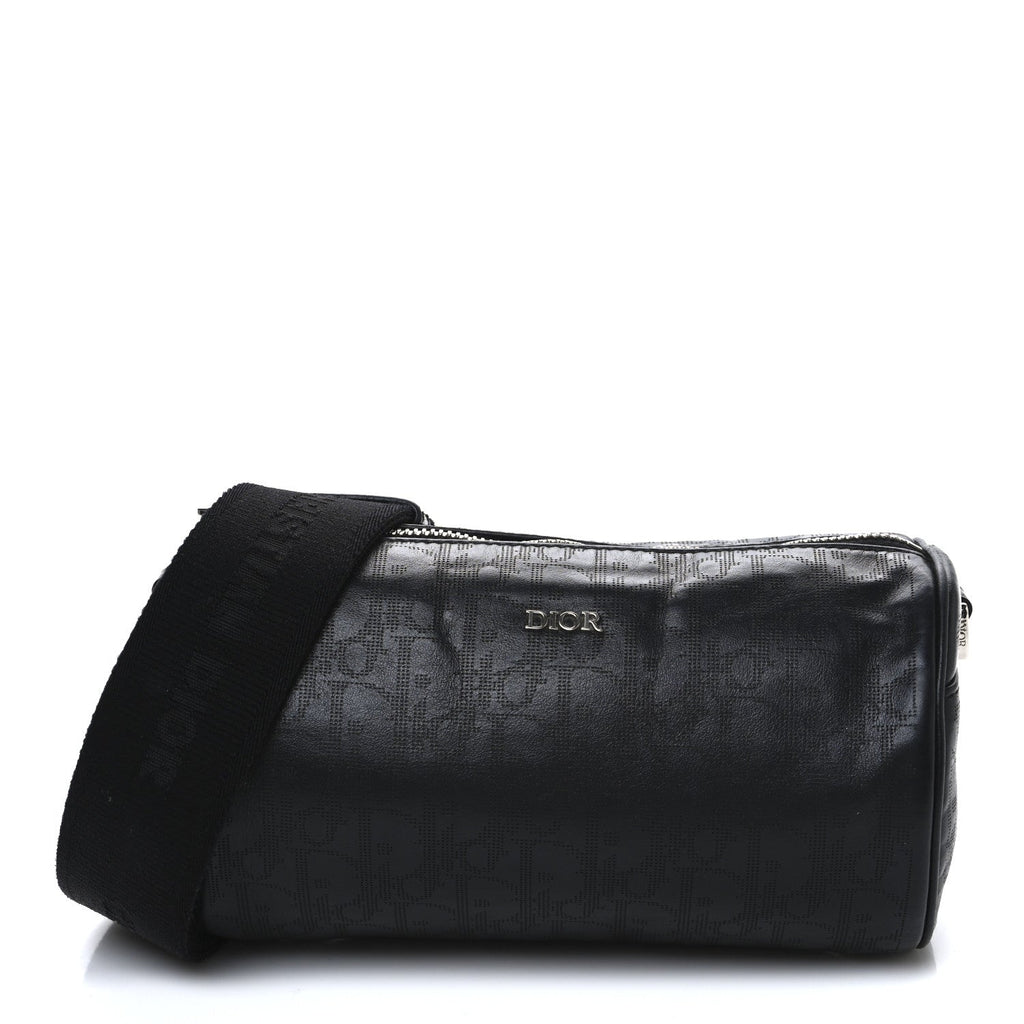 Calfskin Perforated Oblique Roller Messenger Bag Black