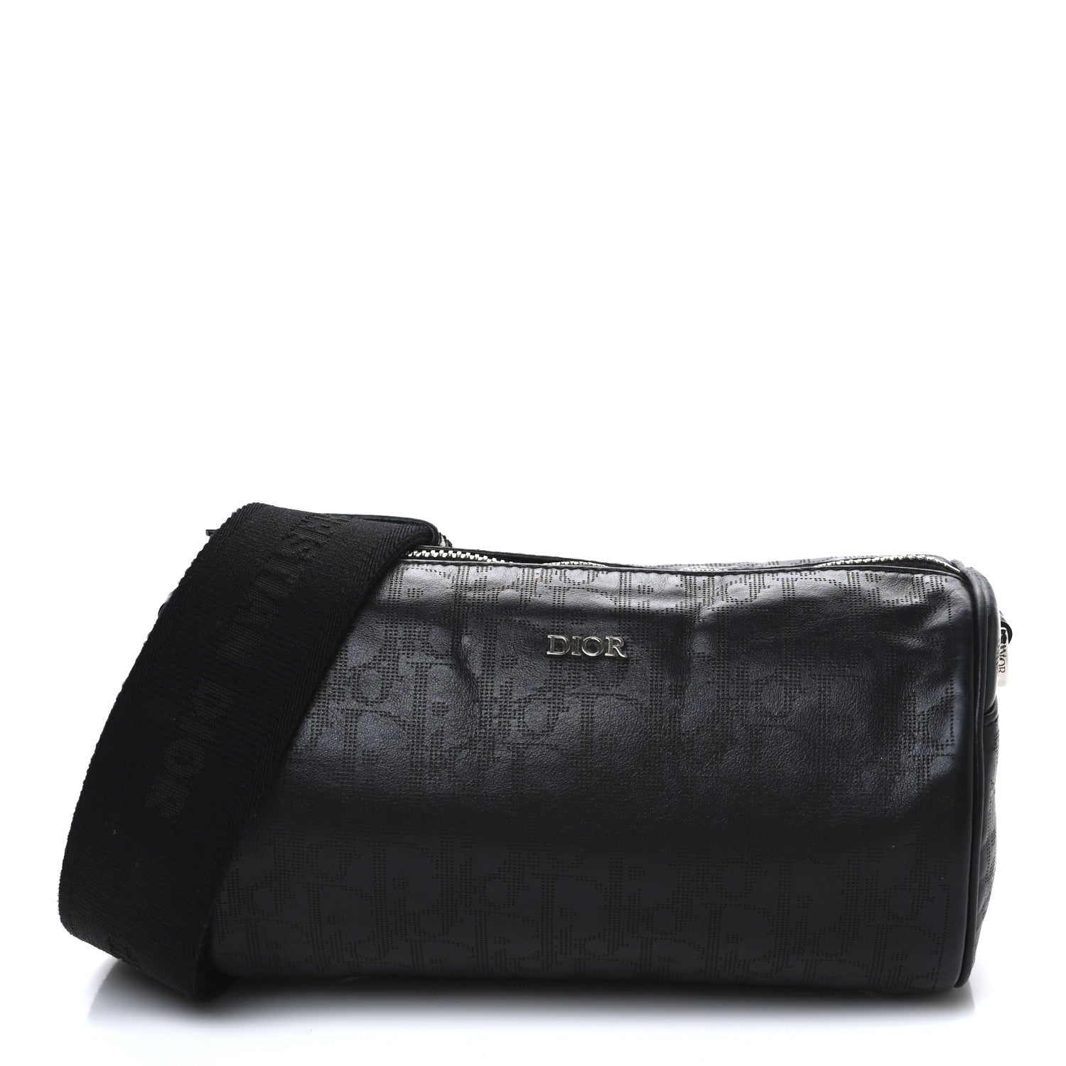 Calfskin Perforated Oblique Roller Messenger Bag Black