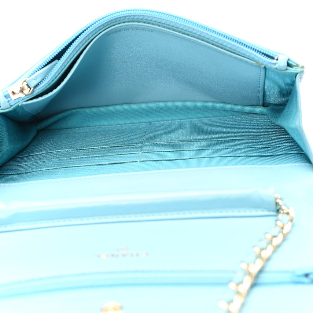 Lambskin Quilted Mini Wallet On Chain WOC Light Blue