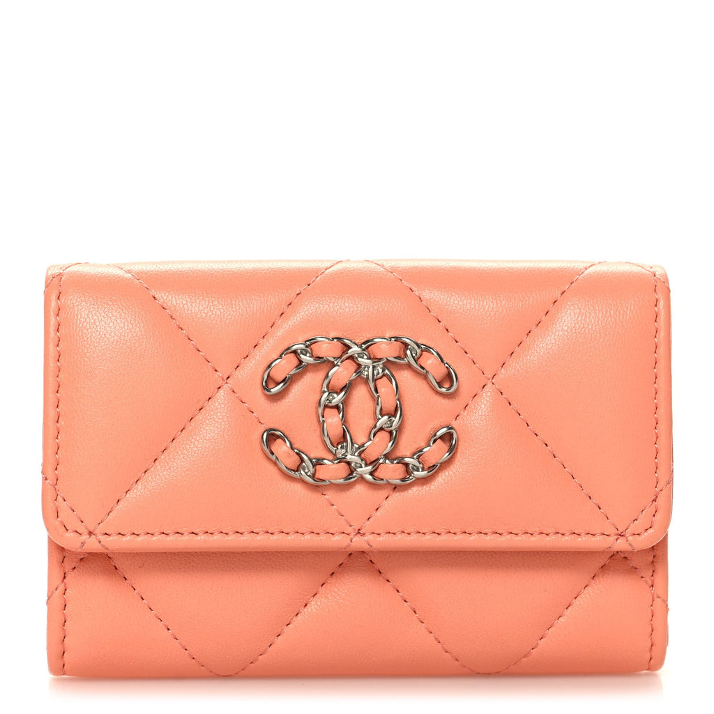Lambskin Quilted Chanel 19 Flap  Holder Light Orange
