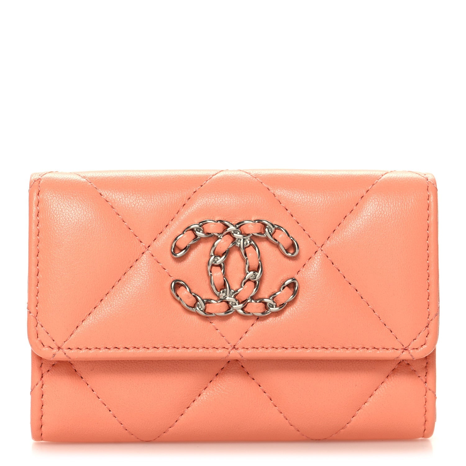 Lambskin Quilted Chanel 19 Flap  Holder Light Orange