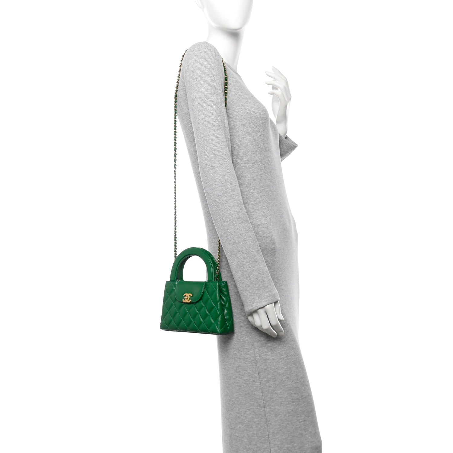 Shiny Aged Calfskin Quilted Nano Kelly Shopper Green