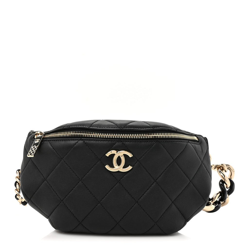 Lambskin Quilted Resin Bi-Color Waist Bag Fanny Pack Black