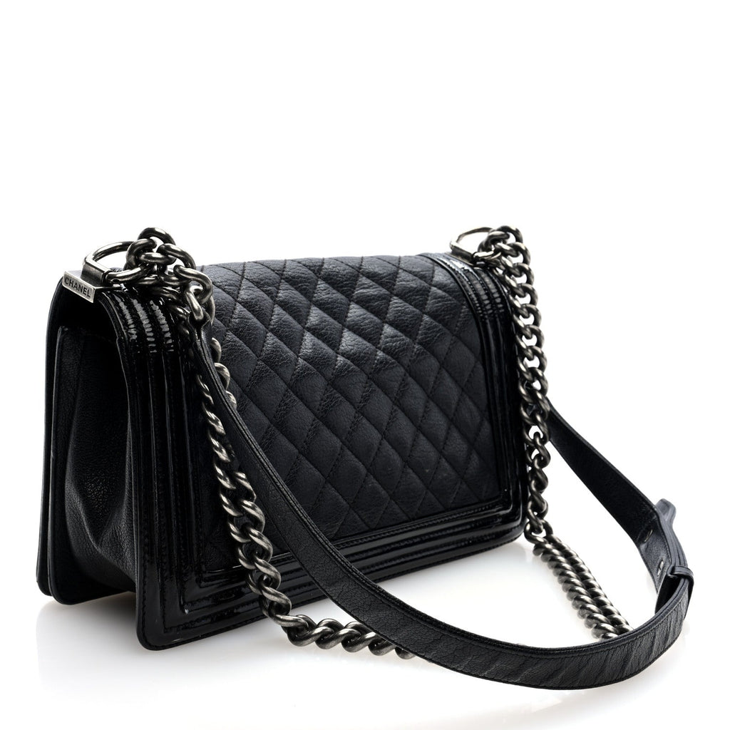 Goatskin Quilted Patent Medium Duo Boy Flap Black