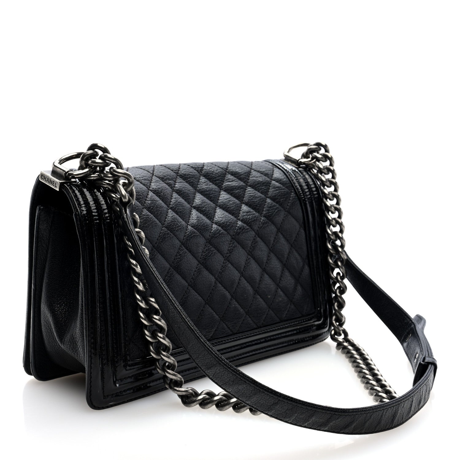 Goatskin Quilted Patent Medium Duo Boy Flap Black