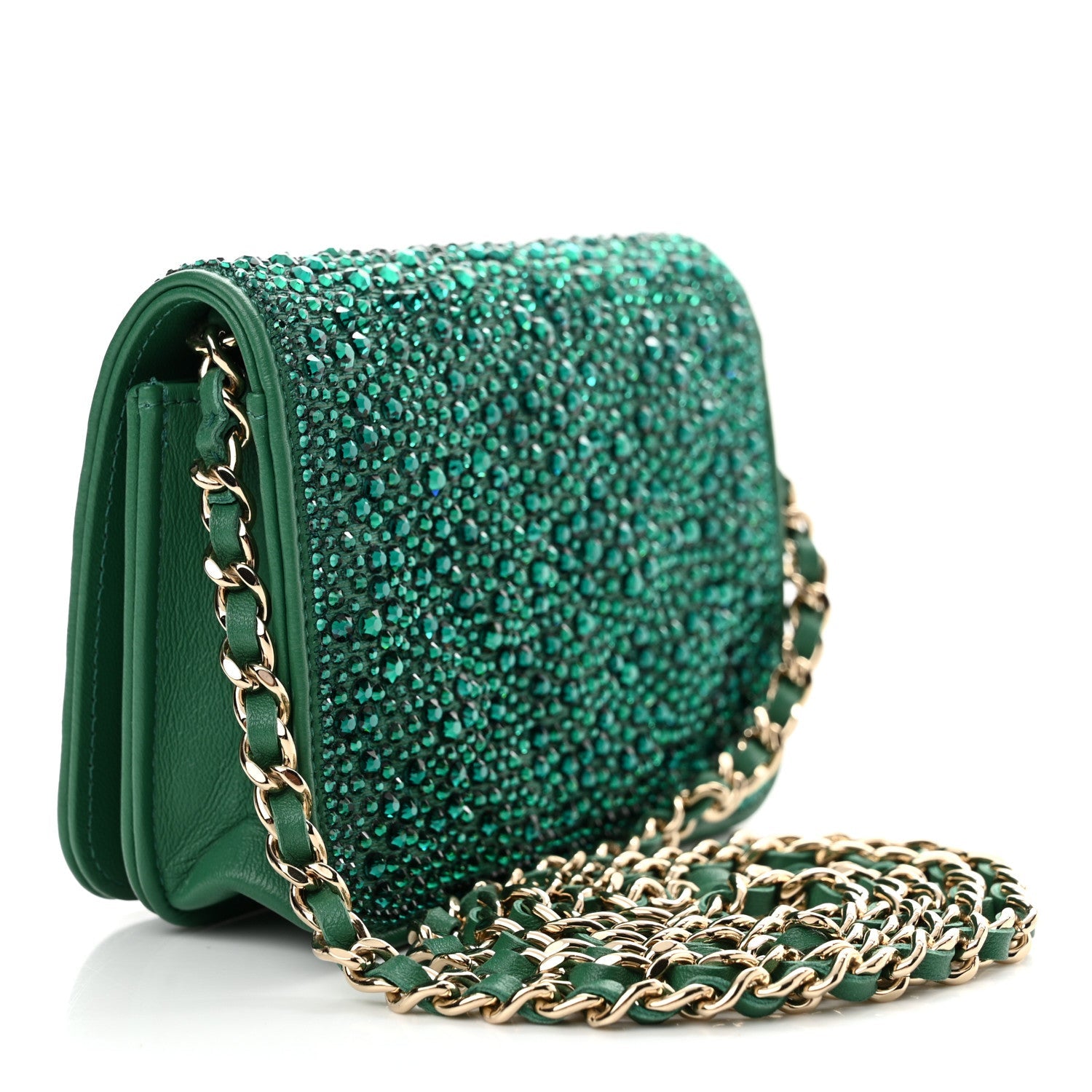 Lambskin Crystal Diamante Clutch With Chain Green