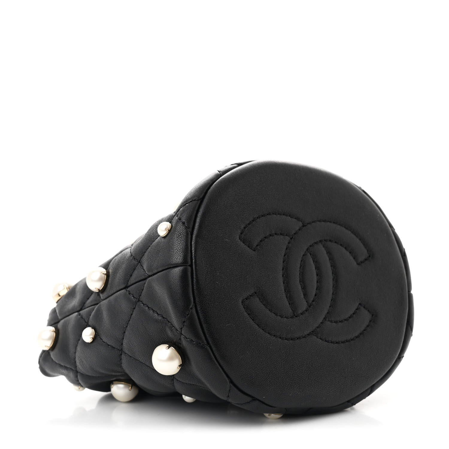 Lambskin Quilted Pearl Mini About Pearls Drawstring Bag Black