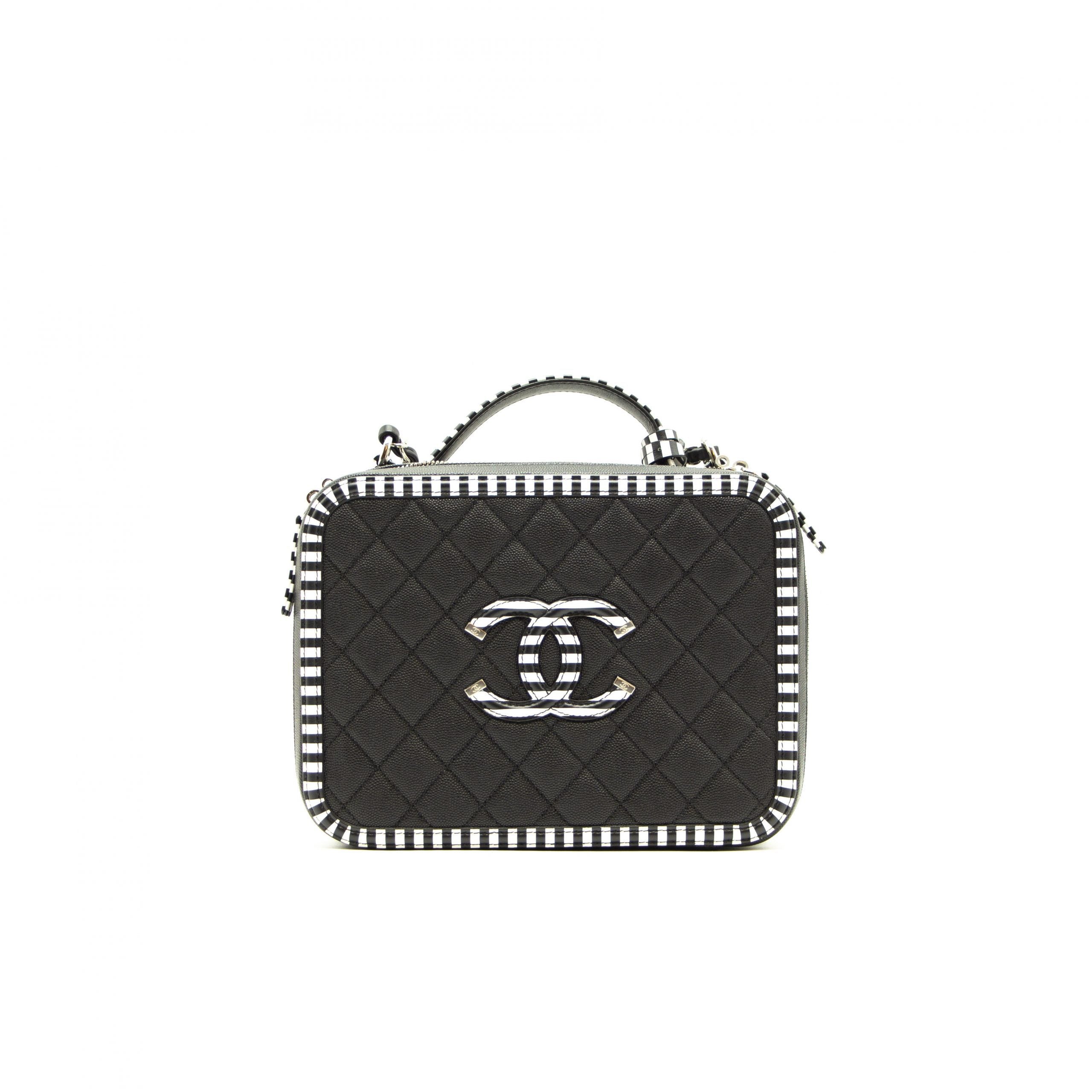 Chanel Black and White Striped Caviar Large Filigree Vanity Case Bag