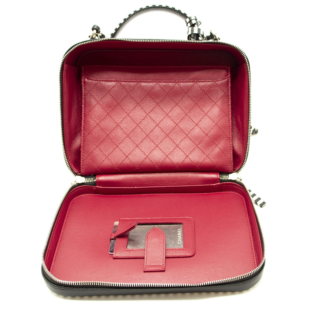 Chanel Black and White Striped Caviar Large Filigree Vanity Case Bag