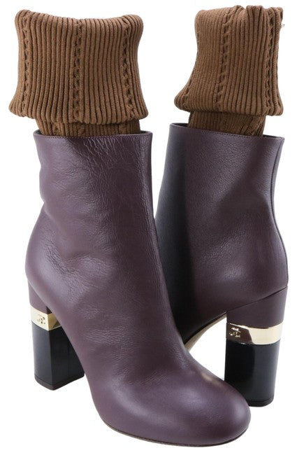 CHANEL BROWN MAILER 16K CHUNKY HEEL LOGO BOOTS