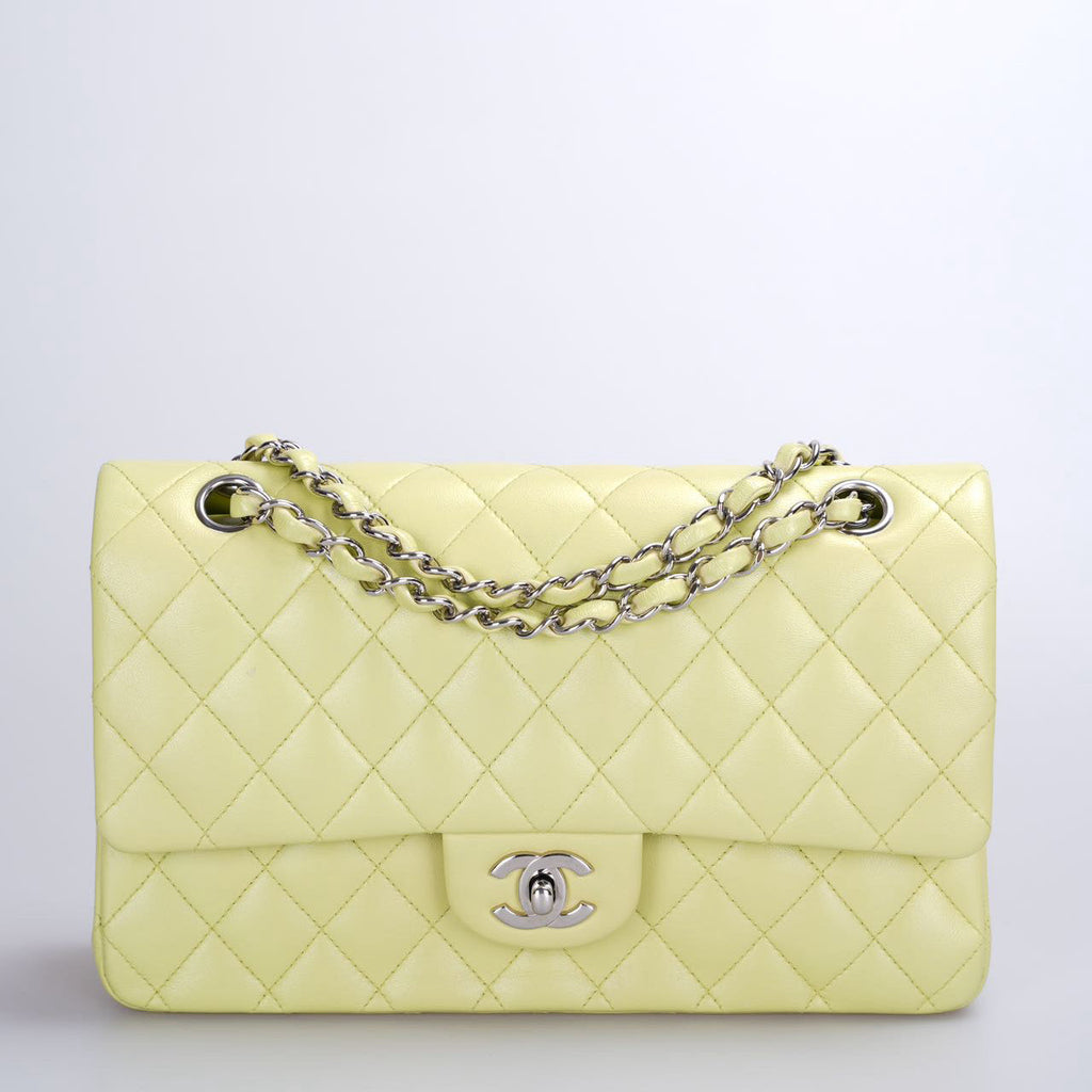 Chanel Medium Classic Double Flap Bag In Pastel Butter Yellow Color With Silver Hardware