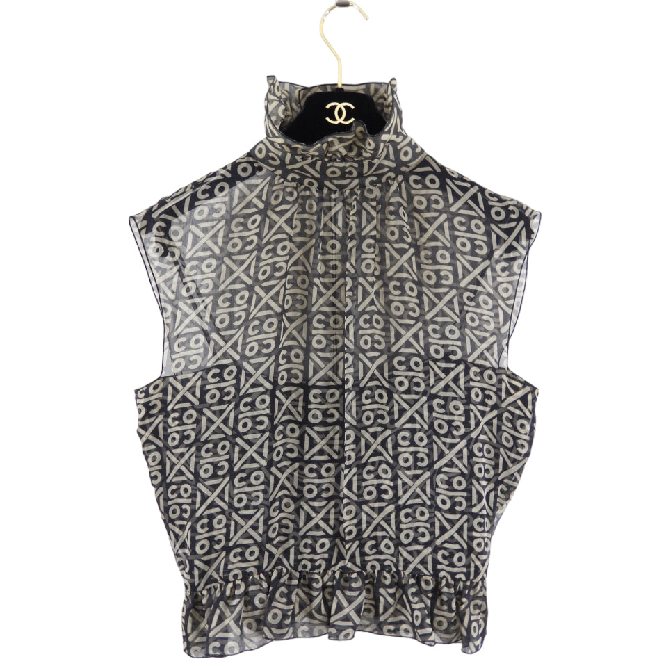 Chanel 00A Sheer Silk Chiffon Coco Logo Ruffle Neck Sleeveless Blouse - FR38 (4/6)