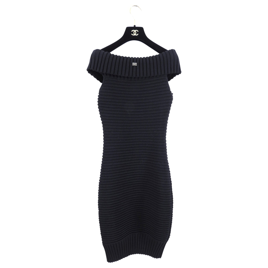 Chanel 09P Black Off Shoulder Rib Tube Dress with Removable Sleeves - FR36