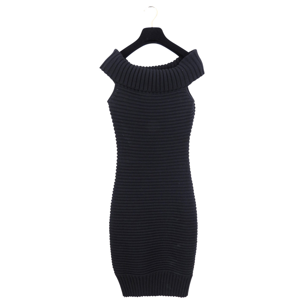 Chanel 09P Black Off Shoulder Rib Tube Dress with Removable Sleeves - FR36