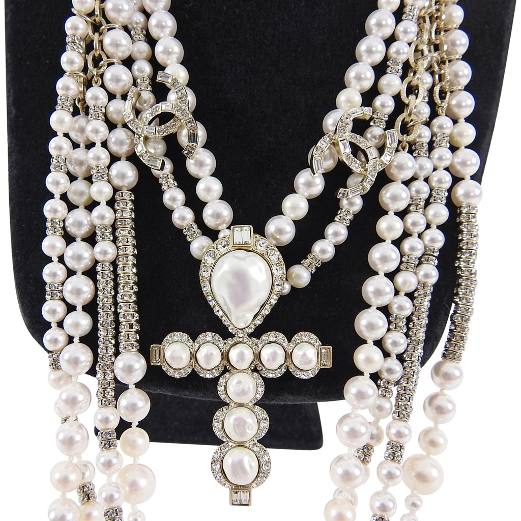 Chanel Pre-Fall 2019 Pearl and Strass Multi-Strand Statement Necklace