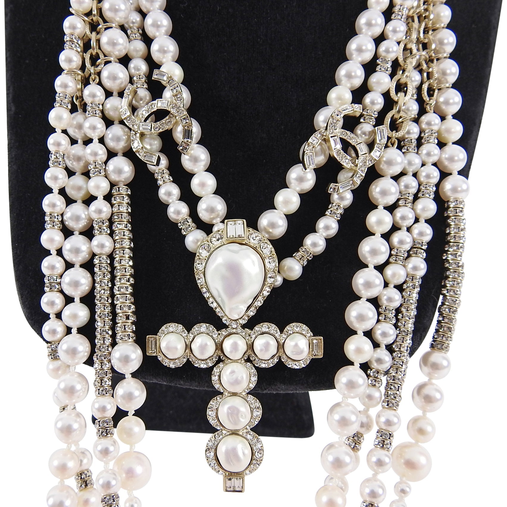 Chanel Pre-Fall 2019 Pearl and Strass Multi-Strand Statement Necklace