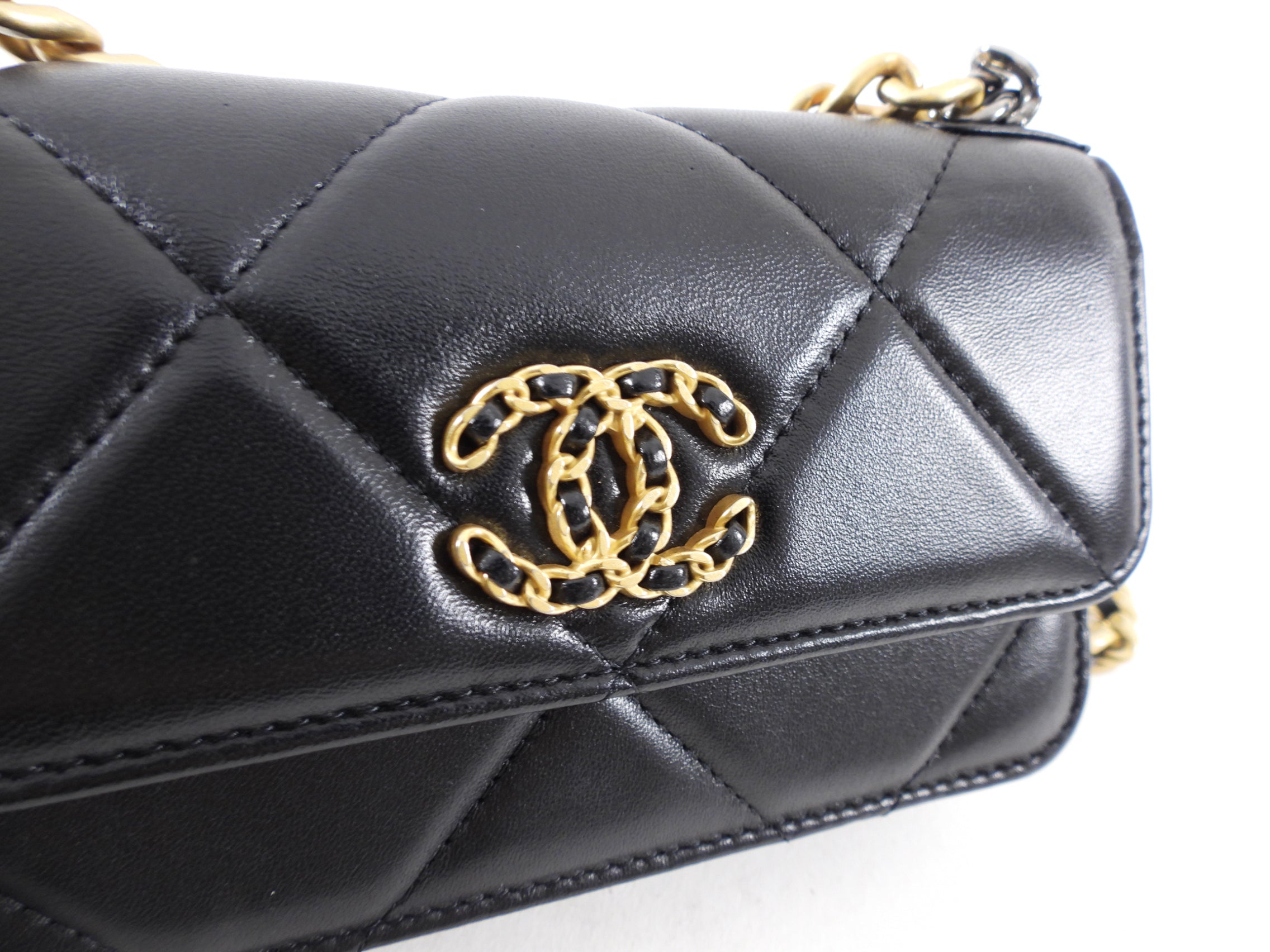 Chanel 19 Black Leather Lambskin Quilted Flap Phone Holder