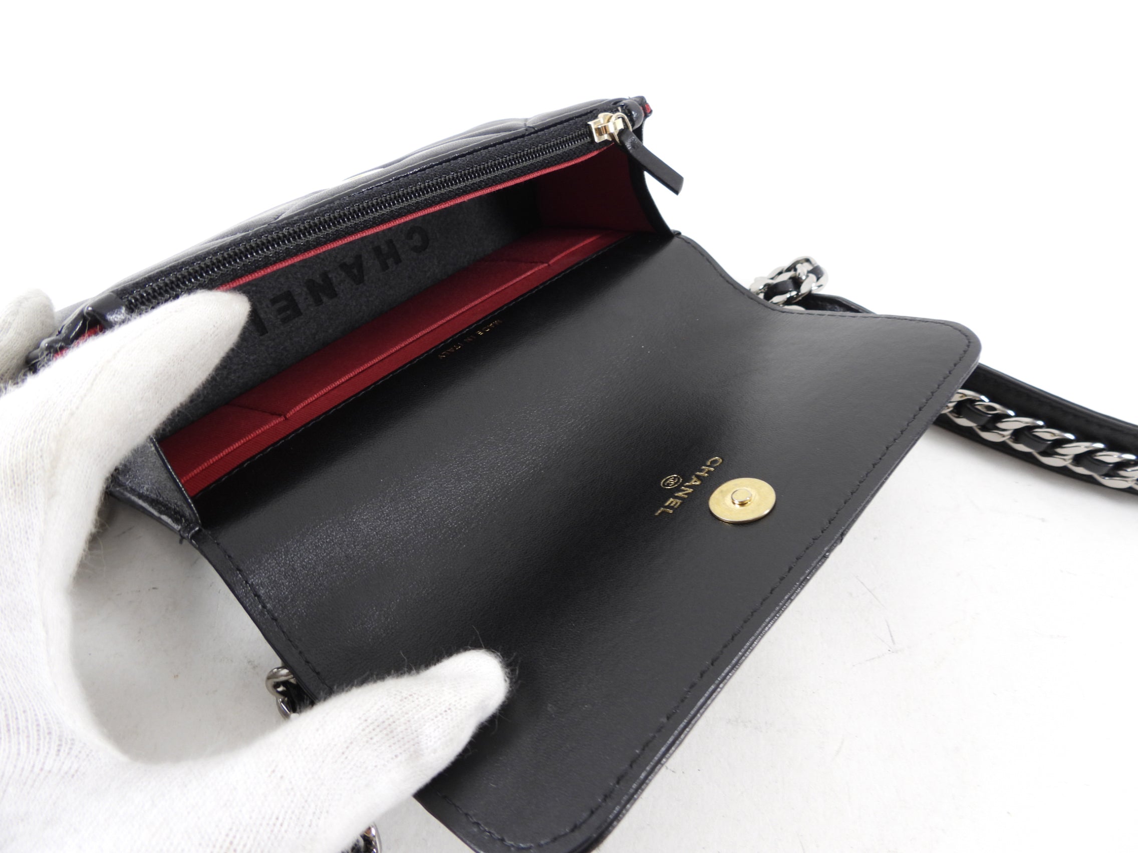 Chanel 19 Black Leather Lambskin Quilted Flap Phone Holder