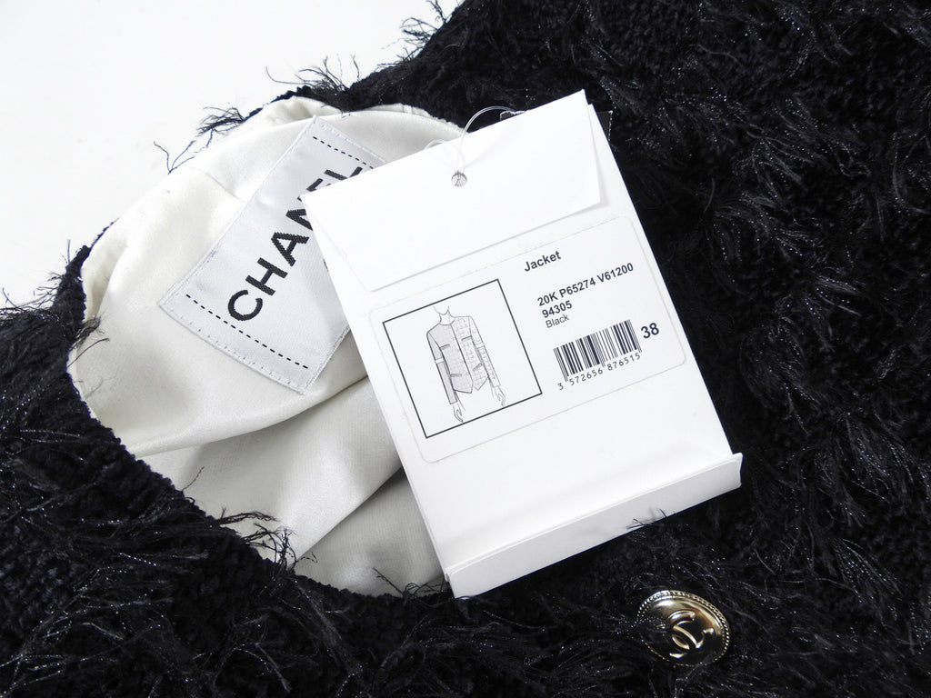 Chanel 20K Black Eyelash Tweed Jacket with White Satin Detail - FR38
