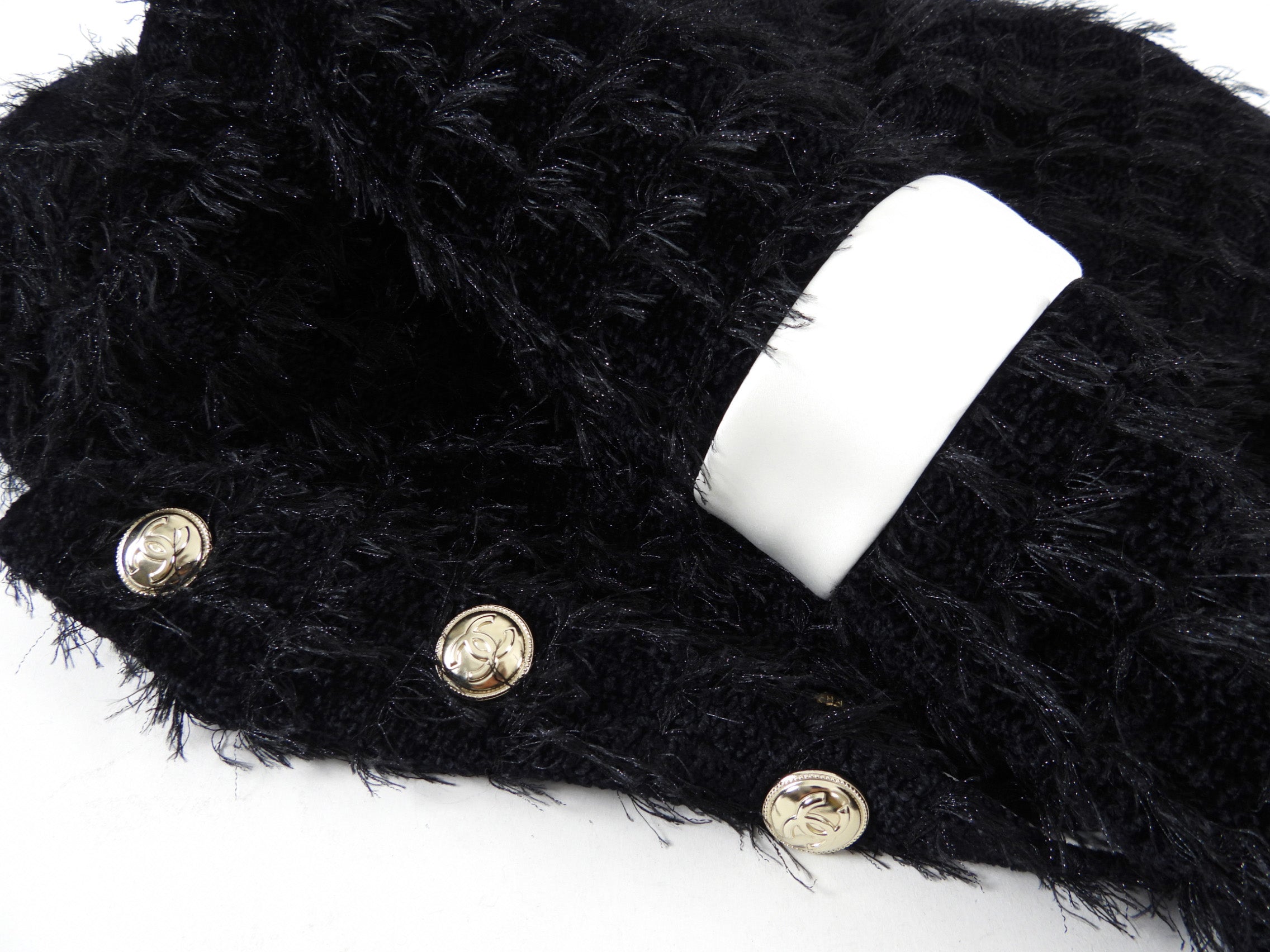 Chanel 20K Black Eyelash Tweed Jacket with White Satin Detail - FR38