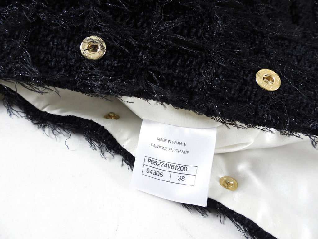 Chanel 20K Black Eyelash Tweed Jacket with White Satin Detail - FR38
