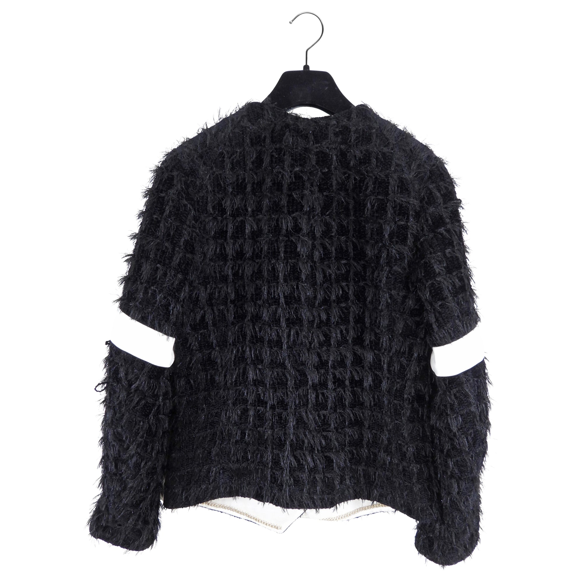 Chanel 20K Black Eyelash Tweed Jacket with White Satin Detail - FR38