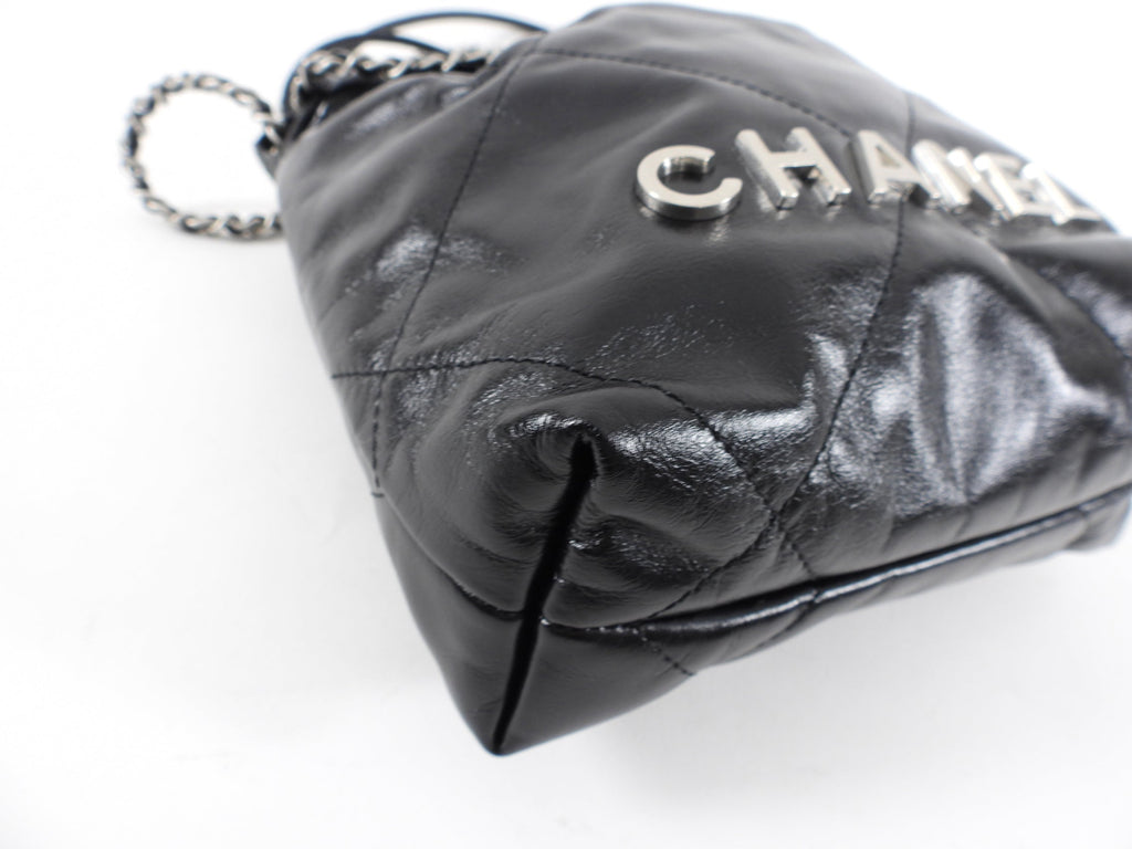 Chanel 22 Black Glossed Leather Logo Mini Chain Bag