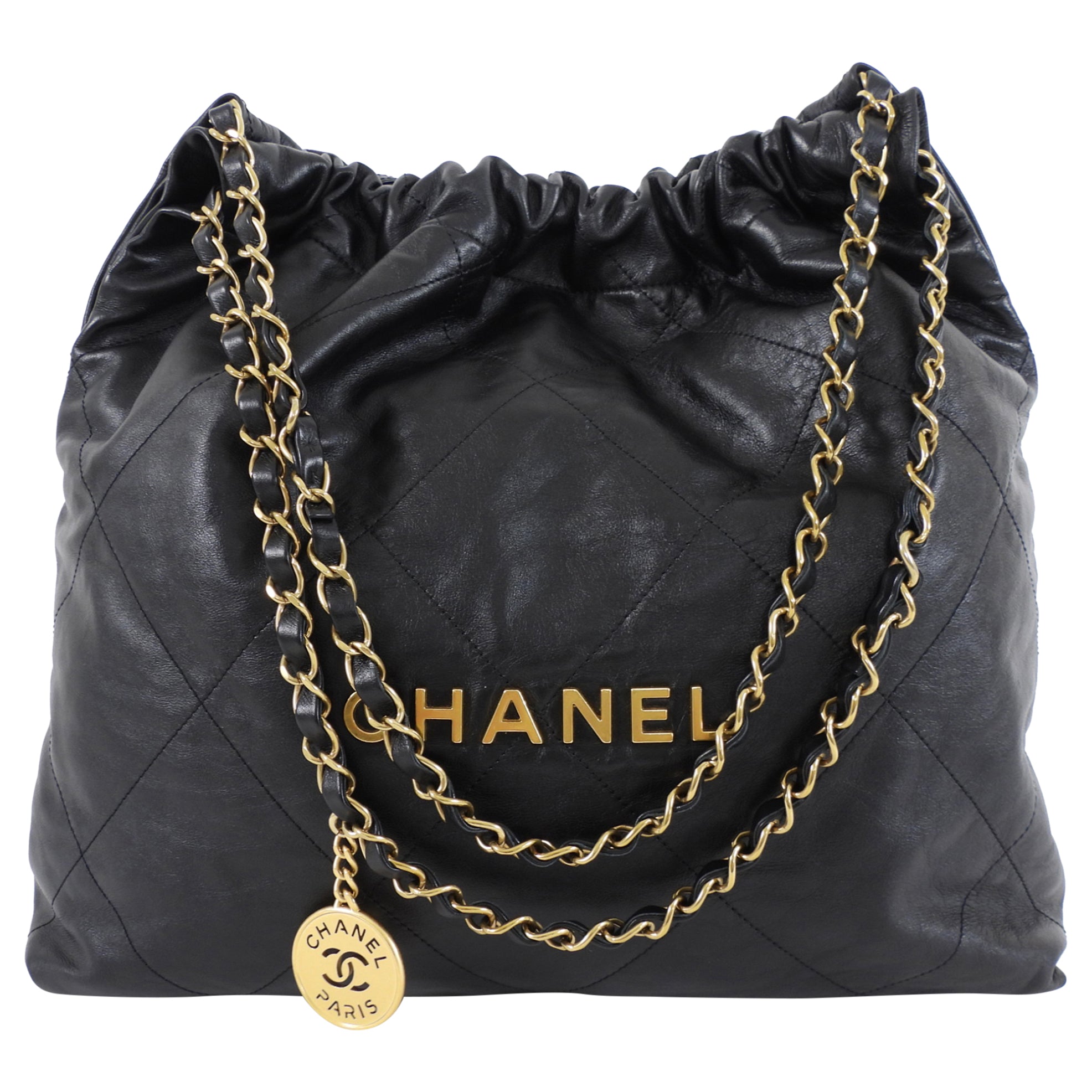 Chanel 22 Black Glossed Leather Large Chain Bag
